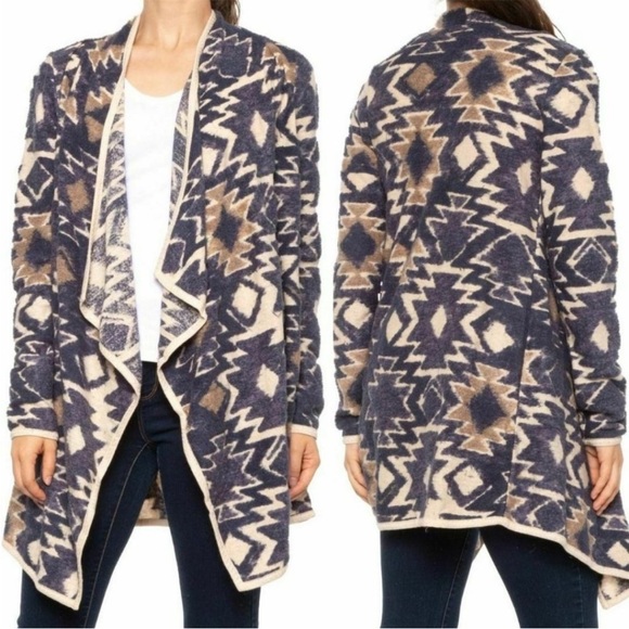 Lucky Brand Blue & Cream Geometric Aztec Southwestern Open waterfall Cardigan L - Picture 1 of 13